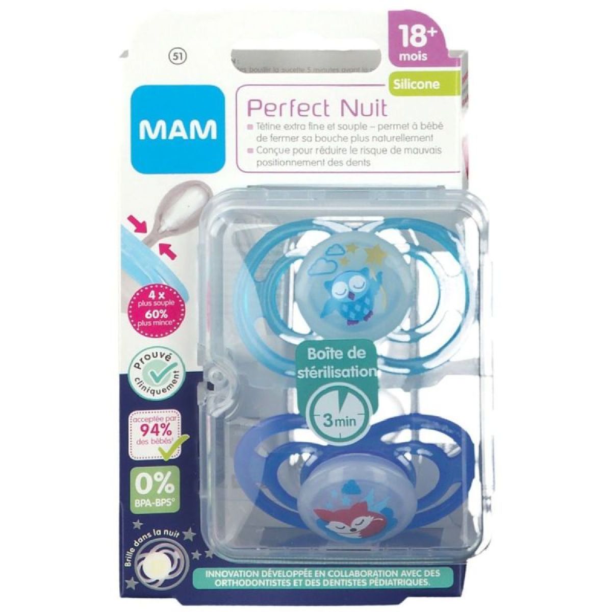 Sucette Nuit MAM 18+ Mois - Silicone - Phosphorescente - Lot De 2 - Sans BPA