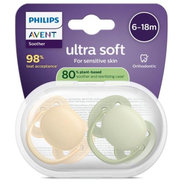 Sucet Avent U/Soft 6-18M Jau/Ve X2