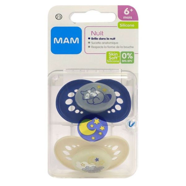 MAM Nuit - Sucette de silicone, 6 mois+, Brille dans le nuit, 2 PK