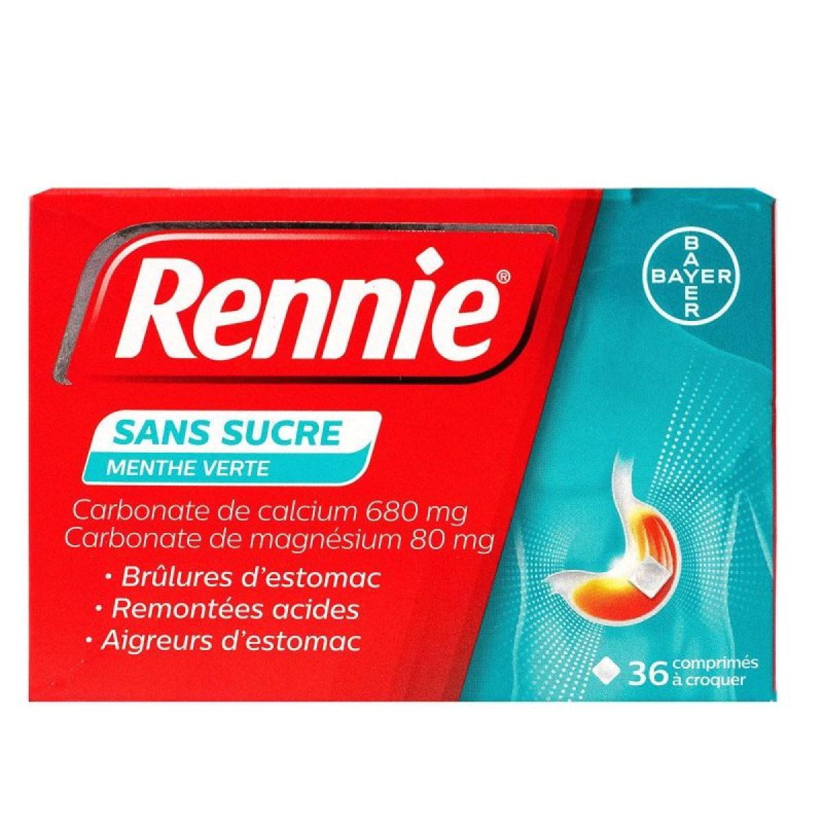 Rennie Comprimés Sans Sucre x36 - Soulagement des brûlures d'estomac